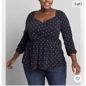 NWT LANE BRYANT NAVY BLUE WITH BLUSH POLKA DOTS FAUX WRAP TOP PLUS Sz 34/36